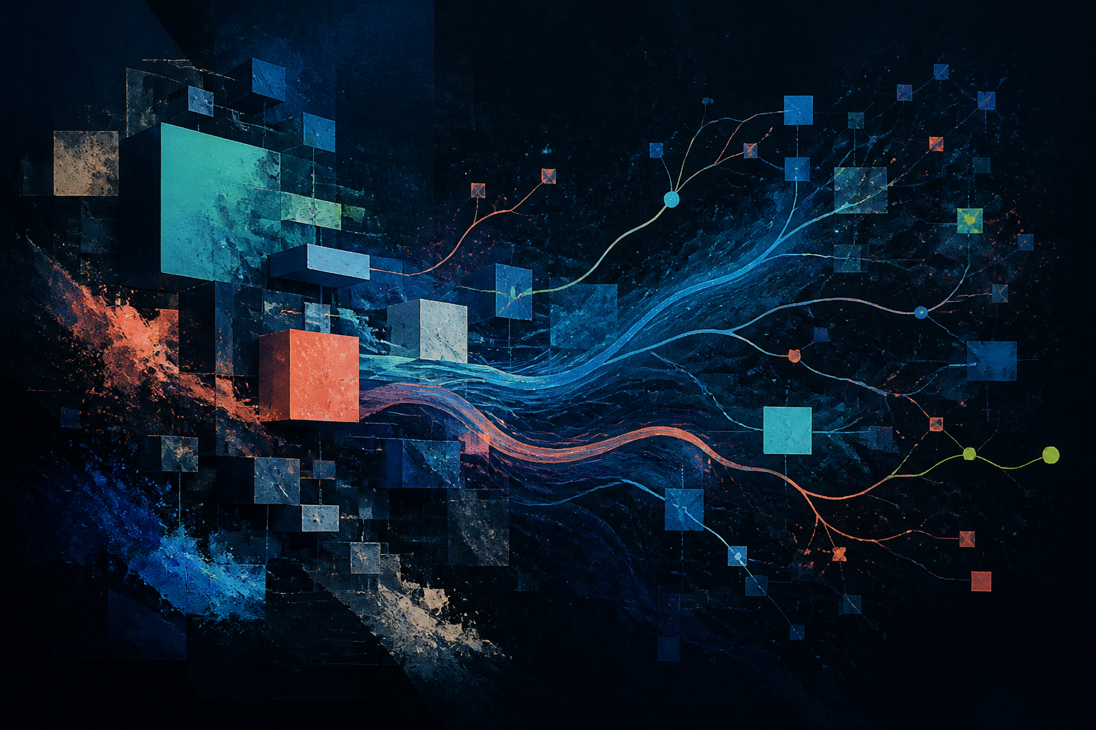 Abstract network of colorful modular nodes and branching pathways representing LegoFlow experiments.