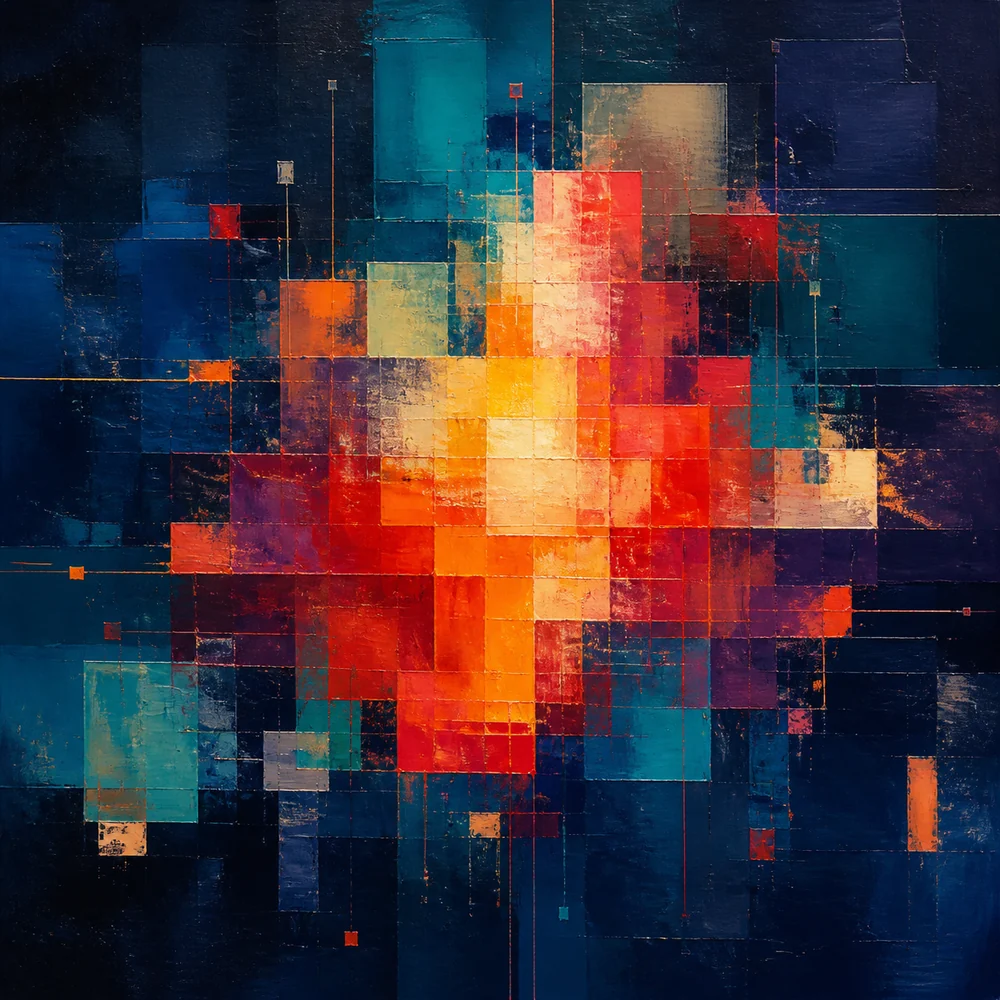 Colorful geometric fragments forming a stable structure in an abstract painting.