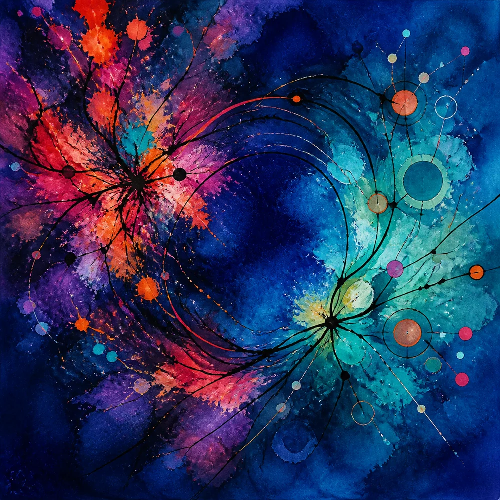 Abstract branching feedback paths in coral, turquoise, and deep blue.