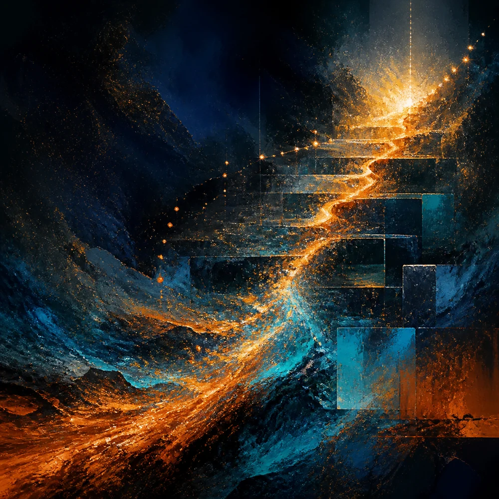A luminous copper and cyan trajectory rising through a dark abstract field.